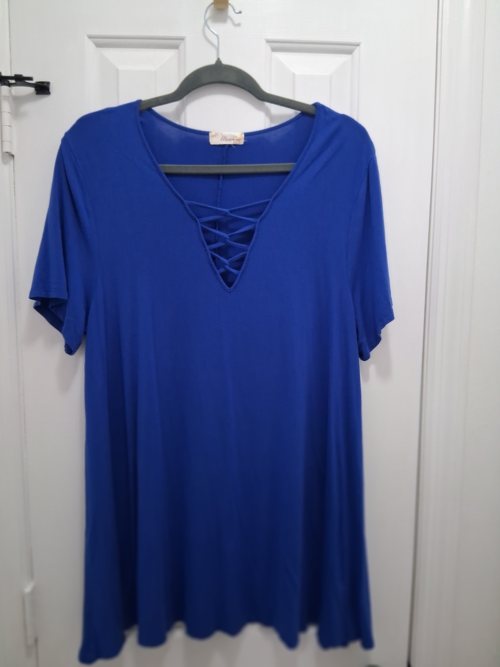 Misia Short Sleeve Lace-Up V-Neck Tunic in Royal Blue